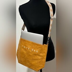 Caramel Faux Leather Crossbody Tote • Adjustable Woven Strap • Zipper Closure